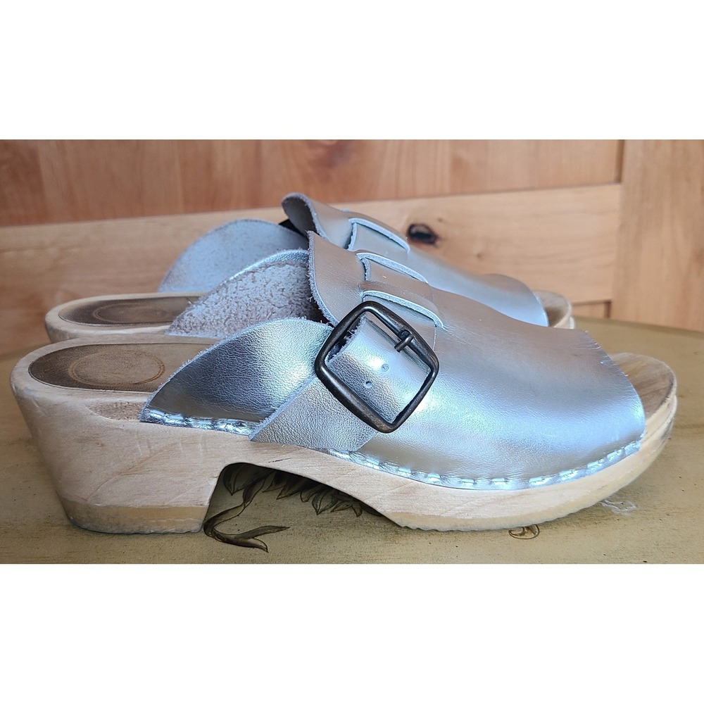 No 6 Riley EU 40 US‎ 9 Silver Leather Open Toe Swedish Clogs Wooden Heel Cute